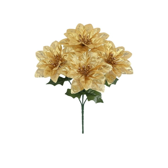 Artificial Poinsettia Flowers Bouquet Silk Floral Decor for Holiday Home Party Vase Fireplace Decorations Arrangement for Home Decor, Holiday Bush, Indoor Florals Gold