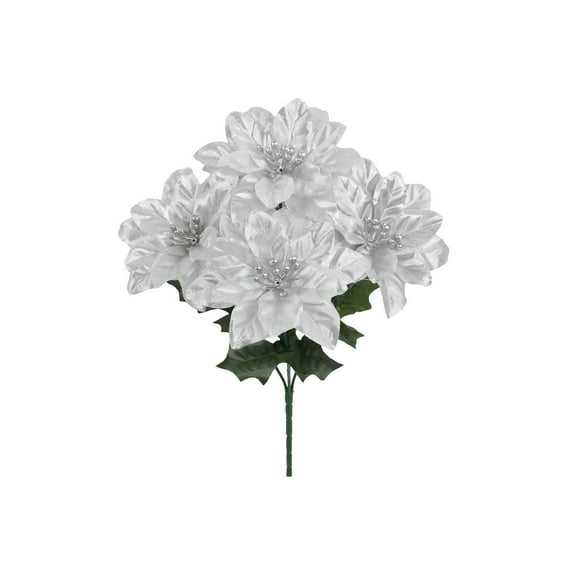 Artificial Poinsettia Flowers Bouquet Silk Floral Decor for Holiday Home Party Vase Fireplace Decorations Arrangement for Home Decor, Holiday Bush, Indoor Florals Silver