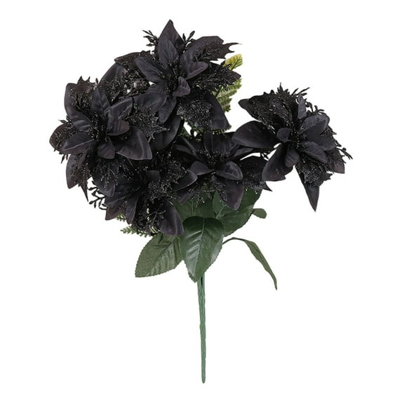 Artificial Poinsettia Flowers Fake Flowers Ornaments Glitter Faux Flowers 5 Stem Poinsettia Floral with Stem Leaf for Home Valentine's Day Party DIY Craft Holiday Vase Decor, 1Pc(Black,15.7x2")