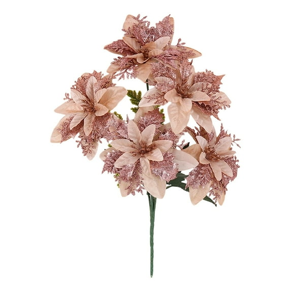 Artificial Poinsettia Flowers Fake Flowers Ornaments Glitter Faux Flowers 5 Stem Poinsettia Floral with Stem Leaf for Home Valentine's Day Party DIY Craft Holiday Vase Decor, 1Pc(Pink,15.7x2")