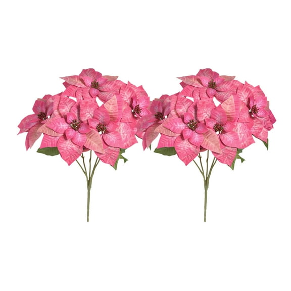 Artificial Poinsettia Flowers Silk Bushes Christmas 5 Stem Heads Velvet Poinsettia Floral with Stem Leaf for Party Home Holiday Decor (Pink)