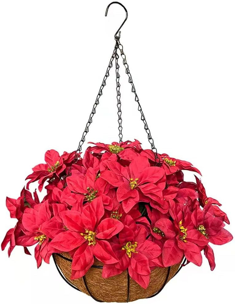Artificial Poinsettia with Hanging Basket Christmas Flower Hanging Planter for New Yeaer Porch Indoors Outdoors Decor