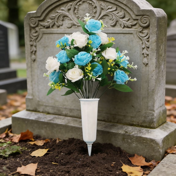 Artificial Pomegranate Rose Bouquet Bucket Faux Graveyard Flowers Outdoor Memorial Arrangement