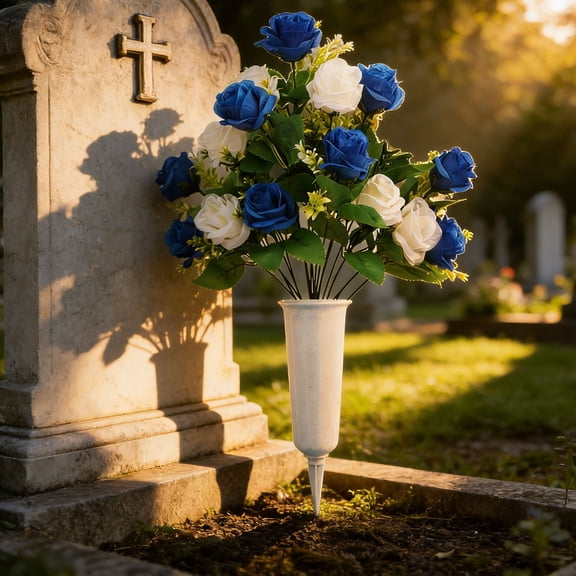 Artificial Pomegranate Rose Bouquet Bucket, Realistic Memorial Floral Arrangement, Exquisite Graveyard Flowers for Holiday Remembrance, Cemetery Decor and Outdoor Memorial Displays, 11.8*19.6in, D