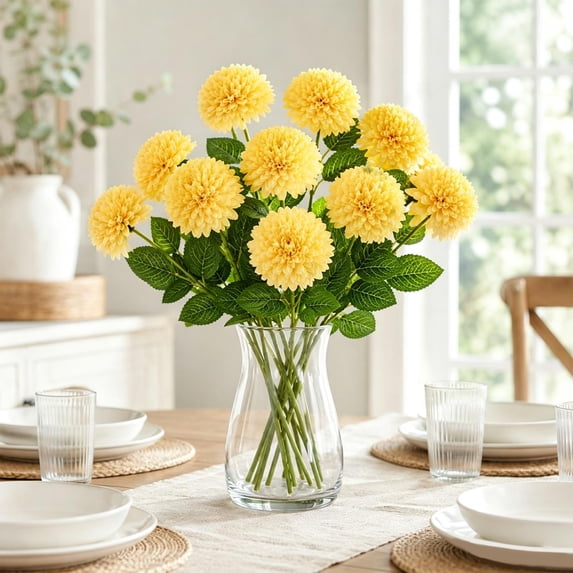 Artificial Pompon Mum, Faux Chrysanthemum Flower Stem with Bendable Wire, Realistic Fake Flower for Wedding Centerpiece, Vase Arrangement, and Home Decor