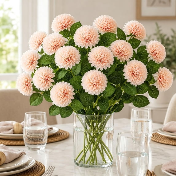 Artificial Pompon Mum, Faux Chrysanthemum Flower Stem with Bendable Wire, Realistic Fake Flower for Wedding Centerpiece, Vase Arrangement, and Home Decor