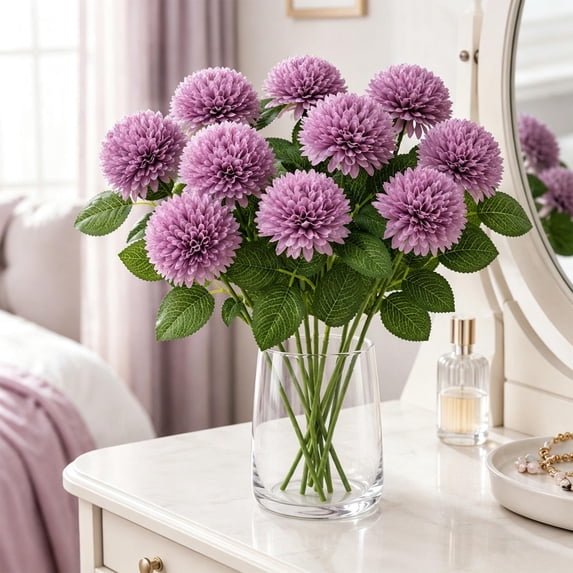 Artificial Pompon Mum, Faux Chrysanthemum Flower Stem with Bendable Wire, Realistic Fake Flower for Wedding Centerpiece, Vase Arrangement, and Home Decor