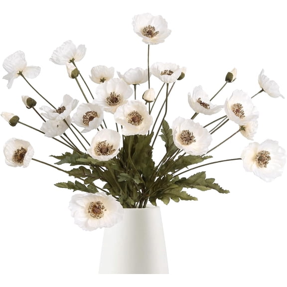 Artificial Poppy Flowers 6pcs Poppies White Artificial Flowers with Stems Silk Flower Arrangements for Wedding Centerpieces for Home Table Bridal Shower Party Decorations (White)