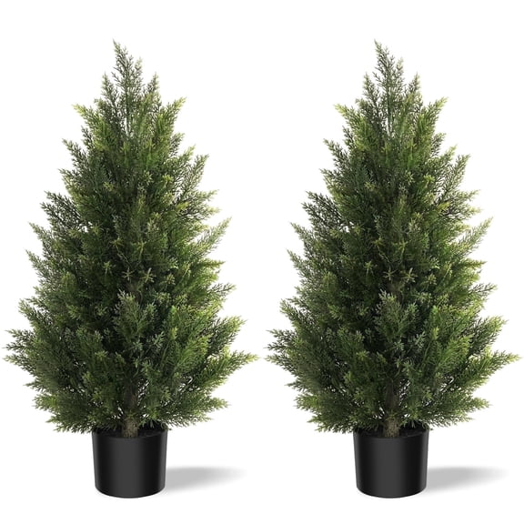 OLIVIVI Artificial Cedar Tree 3FT Tall Faux Silk Plant for Home Office Decor Indoor Outdoor Fake Lifelike Potted Tree with Wood Branches 2 pack