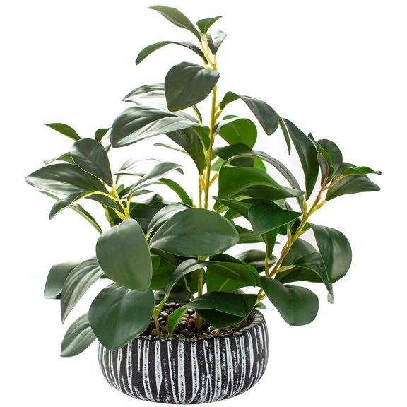 Artificial Potted Fiddle Leaf Fig Plant 12.8" H Rustic Black Clay Planter Indoor Decor