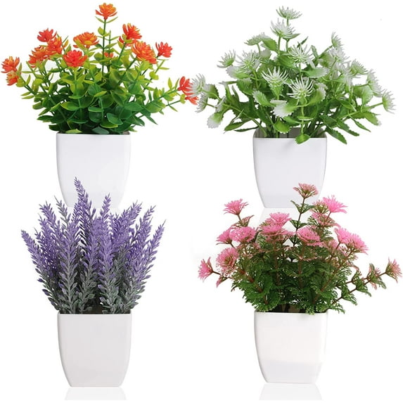 Artificial Potted Flowers 4pcs Fake Small Plant in Pot Mini Faux Plant Door House Office Tabletop Kitchen Colorful Greenery Decor