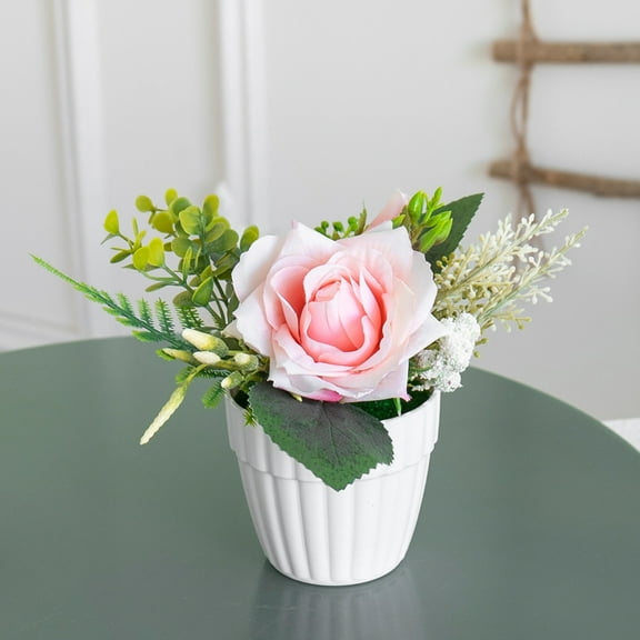 Artificial Potted Flowers Pink Orange Pink Rose Bloom Green Leaf Surround White Striped Pot Compact Size Indoor Tabletop Outdoor Balcony