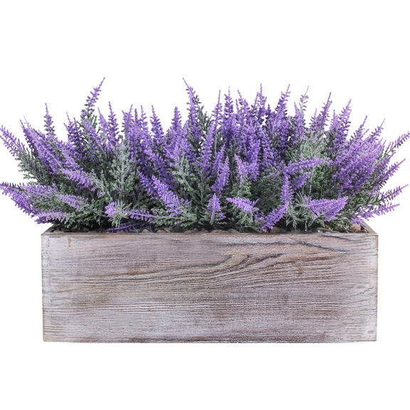 Artificial Potted Lavender Plant in Rustic Wood Planter Box for Indoor Decor Gifts Wedding Centerpiece