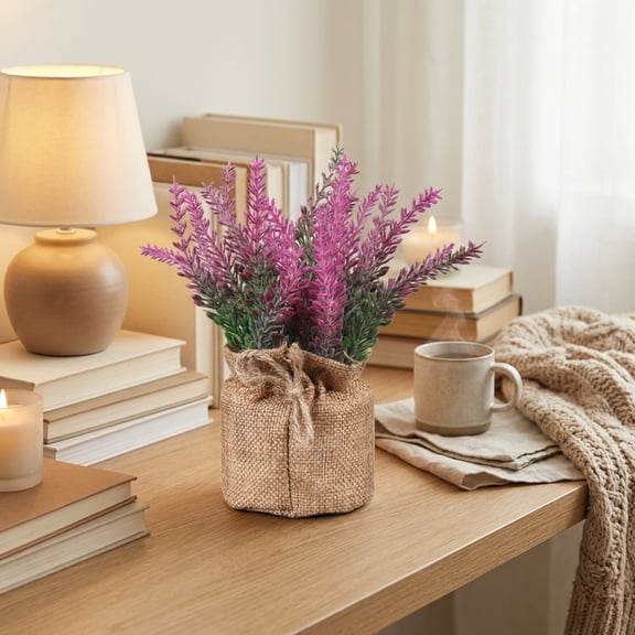Artificial Potted Plant, Artificial Lavender, Pink Birthday Decorations, Entryway Table Decor, 8X7X6 Inch Burlap Potted Faux Pink Lavender, Low-Maintenance Faux Greenery for