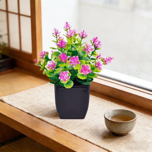 Artificial Potted Plant Desktop Bonsai Plastic Greenery with Black Pot ...