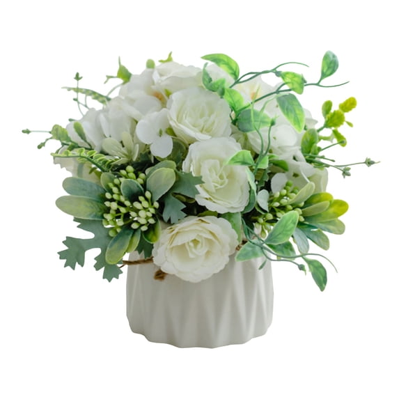 Artificial Potted Plant Multi-Color Rose and Hydrangea Arrangement, Decorative Ceramic Vase, Pre-Potted for Home Desk Entryway, Long-Lasting Colors
