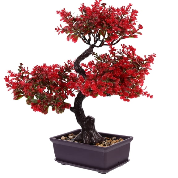 UEETEK Red Artificial Bonsai Plant Ornament for Office Living Room Faux Potted Decor