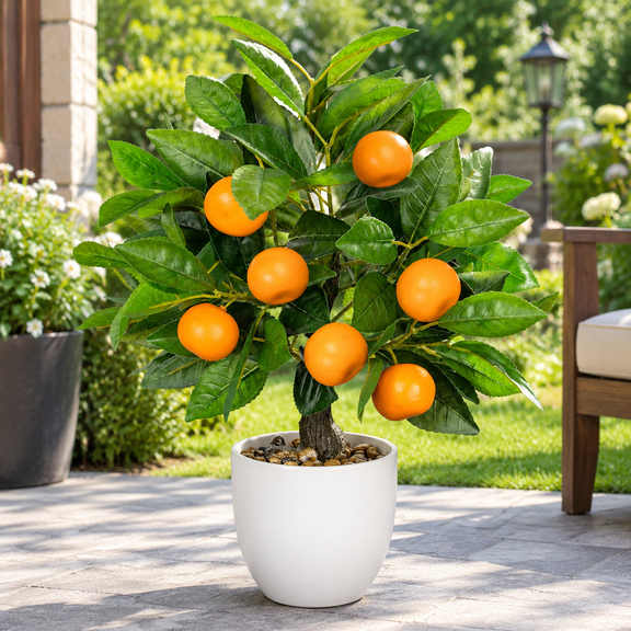 Artificial Potted Plants 16.1 inches Fake Orange Tree Artificial Citrus Fruit Plant with White Pot Faux Plants Indoor for Home, Office, Living Room Table, Desk