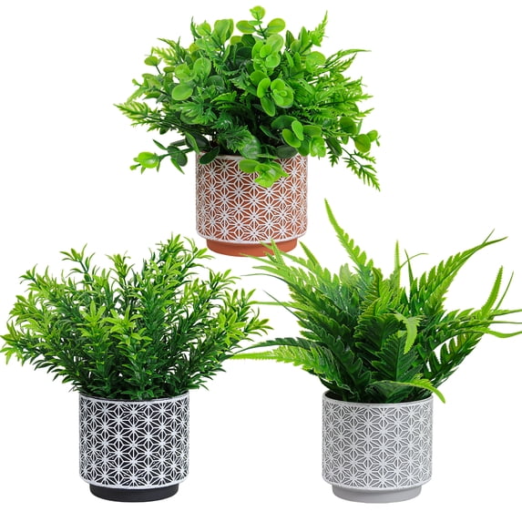 Artificial Potted Plants 3Pack Realistic Ferns Plants Plastic Rosemary Plants Potted in Pot Fake Small Eucalyptus Greenery for Office Desk Kitchen Bedroom Bathroom Outdoor Indoor Home Decor