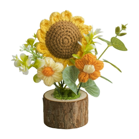 Artificial Potted Plants, Crochet Flowers, Home Office Desk Car Decor Gifts for Women, Handmade Knitted Flowers, Long-lasting, No Maintenance, Decorative Green Leaf Arrangement