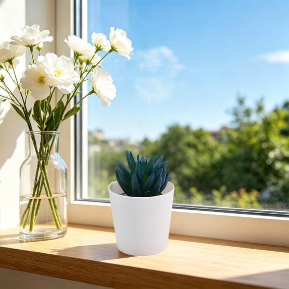 Artificial Potted Plants, Fake Plastic Plants White Pot, Small Flower Arrangement Home Office Decor