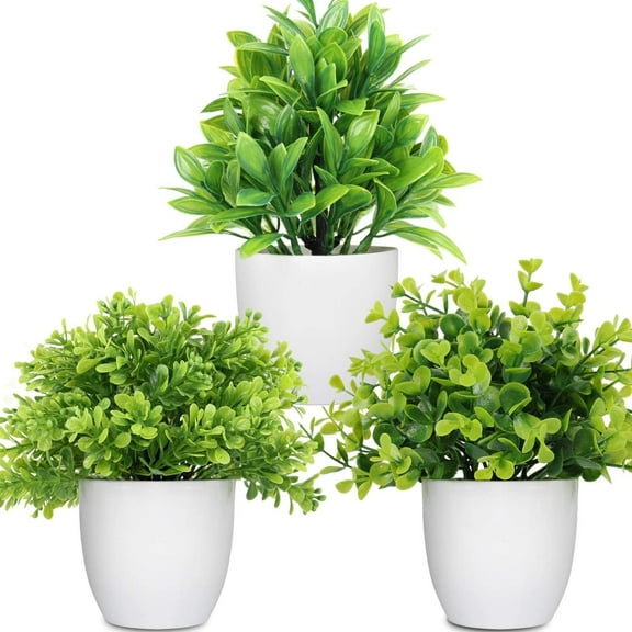 Artificial Potted Plants Mini Fake Plants with Pots, 3 Pack Small Eucalyptus Potted Faux Decorative Grass Plant with White Plastic Pot for Home Decor, Indoor, Office, Desk, Table Decoration