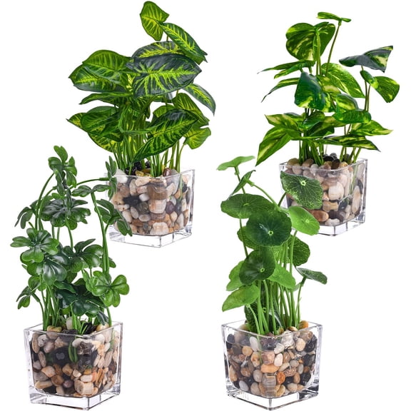 Artificial Potted Plants, Set of 4 Faux Tabletop Greenery with Clear Glass Pots and Cobblestones, Included Artificial Taro, Lotus, Clover and Ivy for Home Office Décor