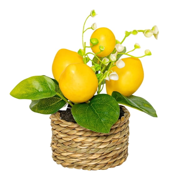 Artificial Potted Small Lemon Tree with Woven Pot, Citrus for Home Office Living Room Table Desk, Indoor Spring Summer Centerpiece Decor