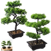 2 Pcs Artificial Bonsai Tree Set, 12.6 / 15.4 Inch Faux Pine Plant with Imitation Stone Accent, Small Fake Greenery for Desk Shelf Living Room, Zen Tabletop D cor for Home Office