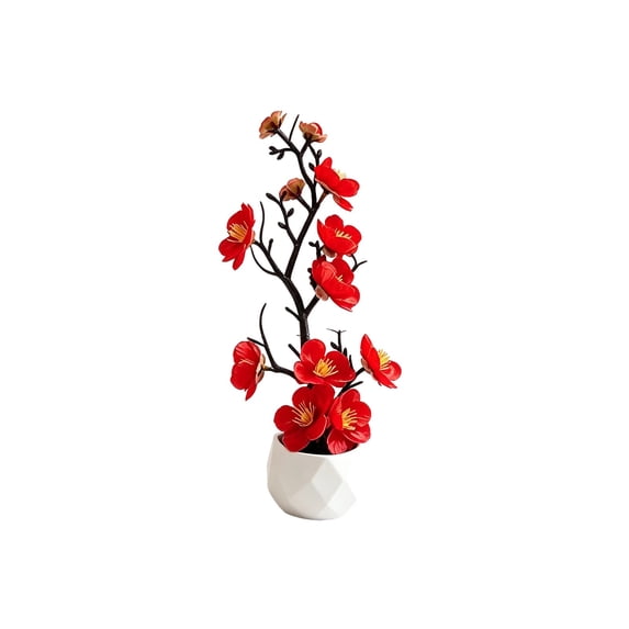 Artificial Potted Silk Flower Yulan Floral Arrangement Ceramic Pot Tabletop Decor Home Office Living Room Decor Red