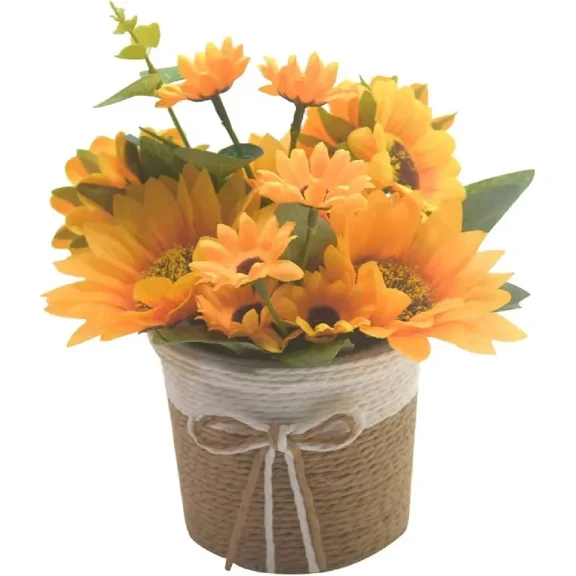 Artificial Potted Sunflower Flowers Plastic Faux Sunflower in Small Burlap Farmhouse Rustic Sunflower Kitchen Decor, Centerpieces for Tables, Fake Artificial Sunflowers