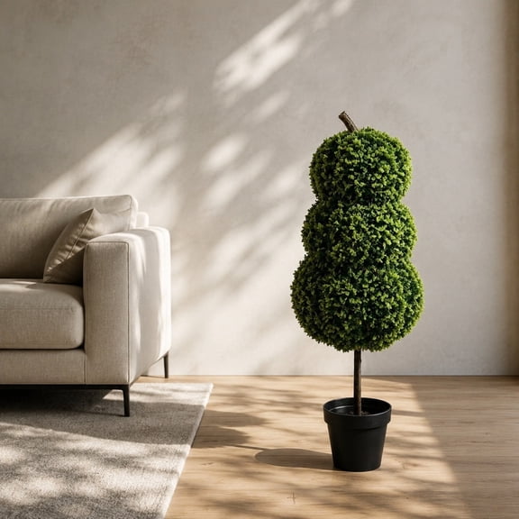 Artificial Potted Topiary Tree, 3 Tier Spherical Decorative Faux Plant for Indoor Outdoor Courtyard Living Room Porch Decor
