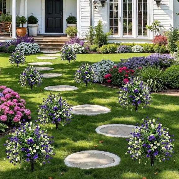 Artificial Potted Trees with Ground Stakes, 1 Pack Artificial Flowers Bushes for Outdoors, Artificial Topiary Camellias for Front Porch Garden Patio Spring Decor Purple