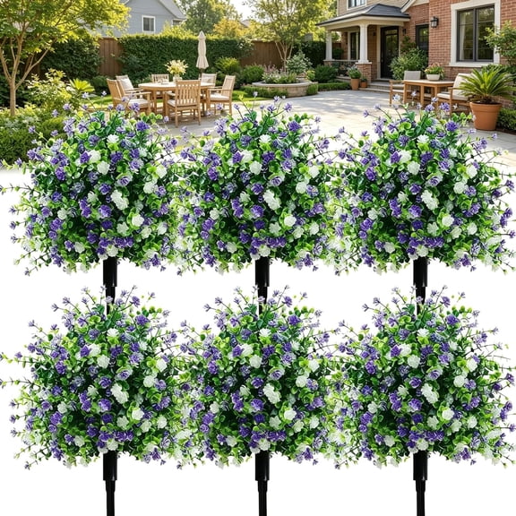 Artificial Potted Trees with Ground Stakes, UV Resistant Camellia Topiary, Camellia Shrubs Faux,Weatherproof Realistic Faux Plants Flowers Shrubs Bushes Greenery for Garden Porch Yard (6pcs)