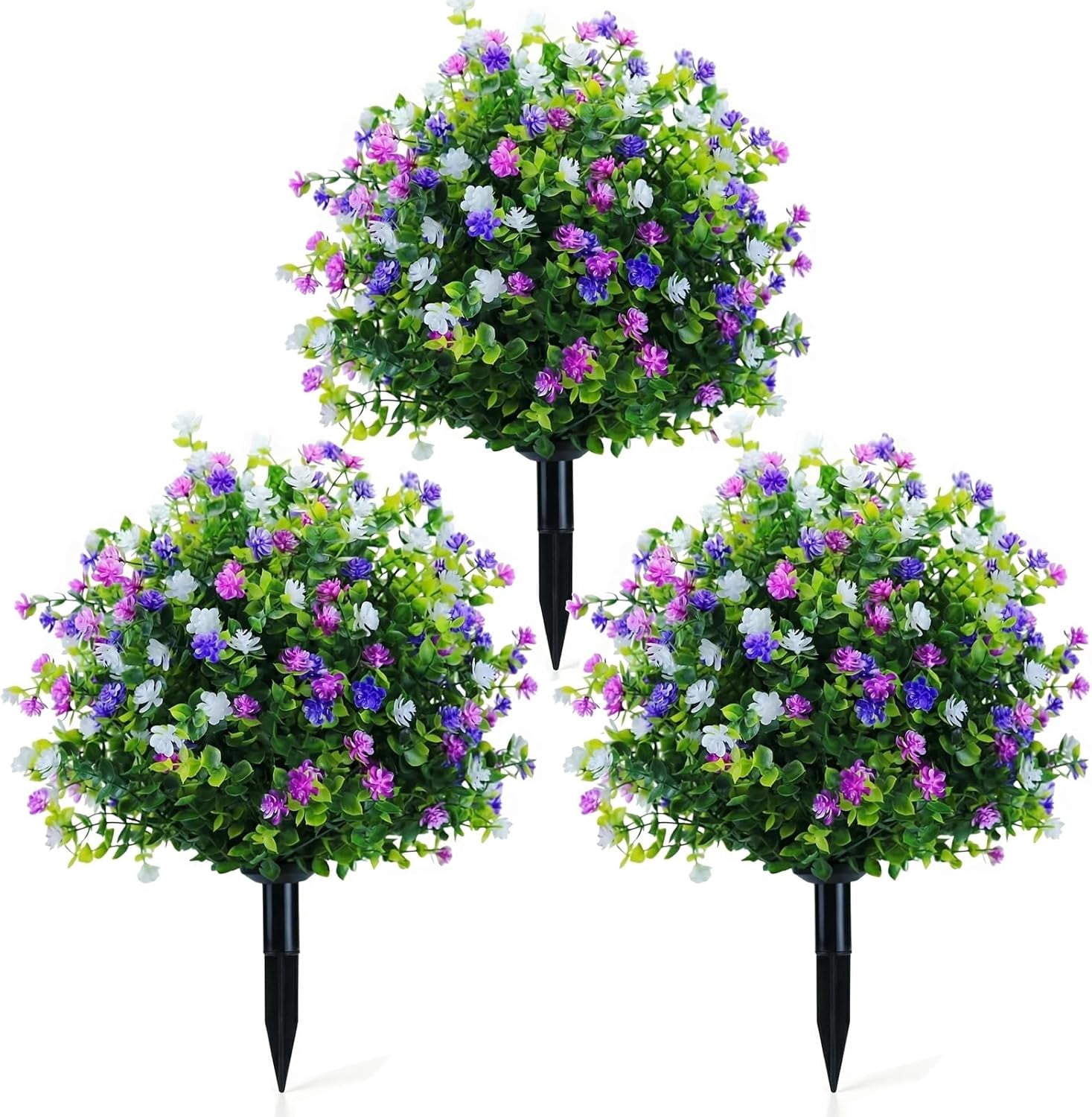 Artificial Potted Trees with Ground Stakes, UV Resistant Camellia Topiary Fake Evergreen Shrubs Bushes Plants with Ground Spike, Fake Plants for Outdoor Indoor Front Porch Garden (3pcs)