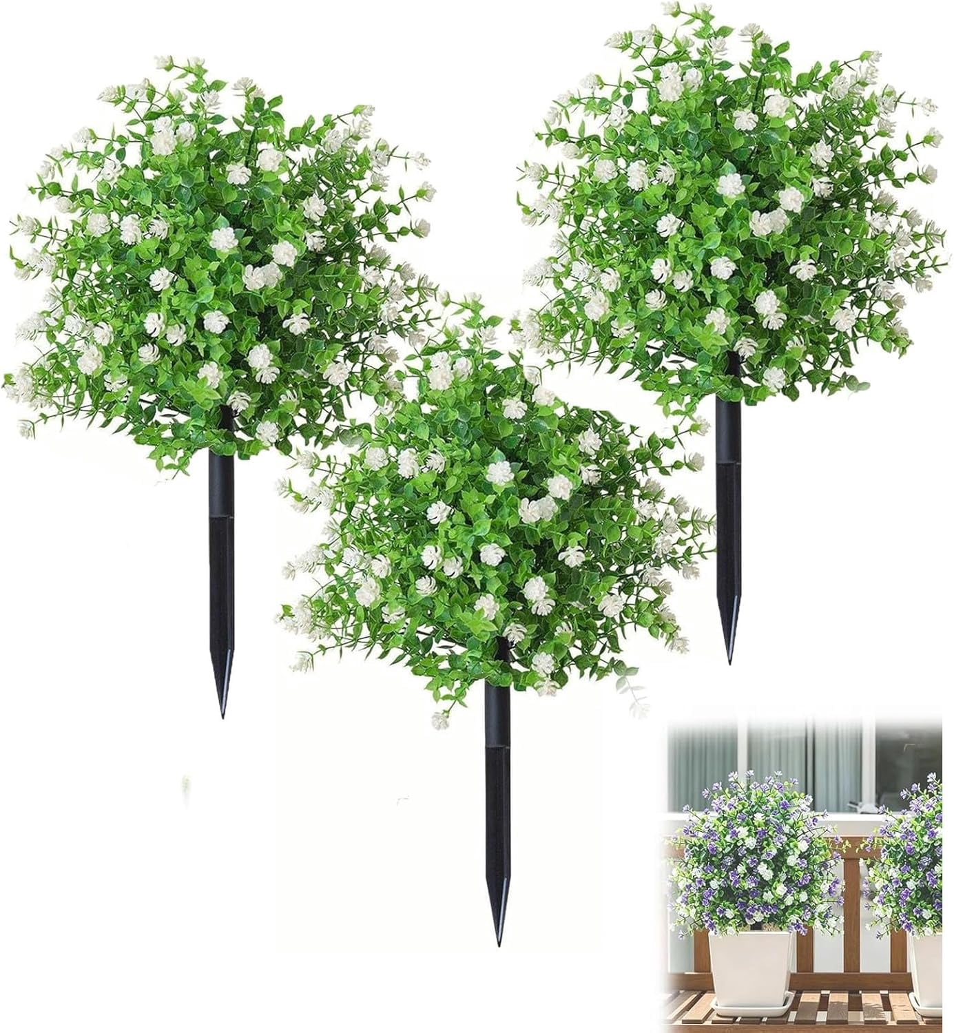 Artificial Potted Trees with Ground Stakes, UV Resistant Outdoor Faux Camellia Plants, Lifelike Artificial Flower Potted Shrubs for Front Porch, Patio, Garden & Yard Decor (#C*3)