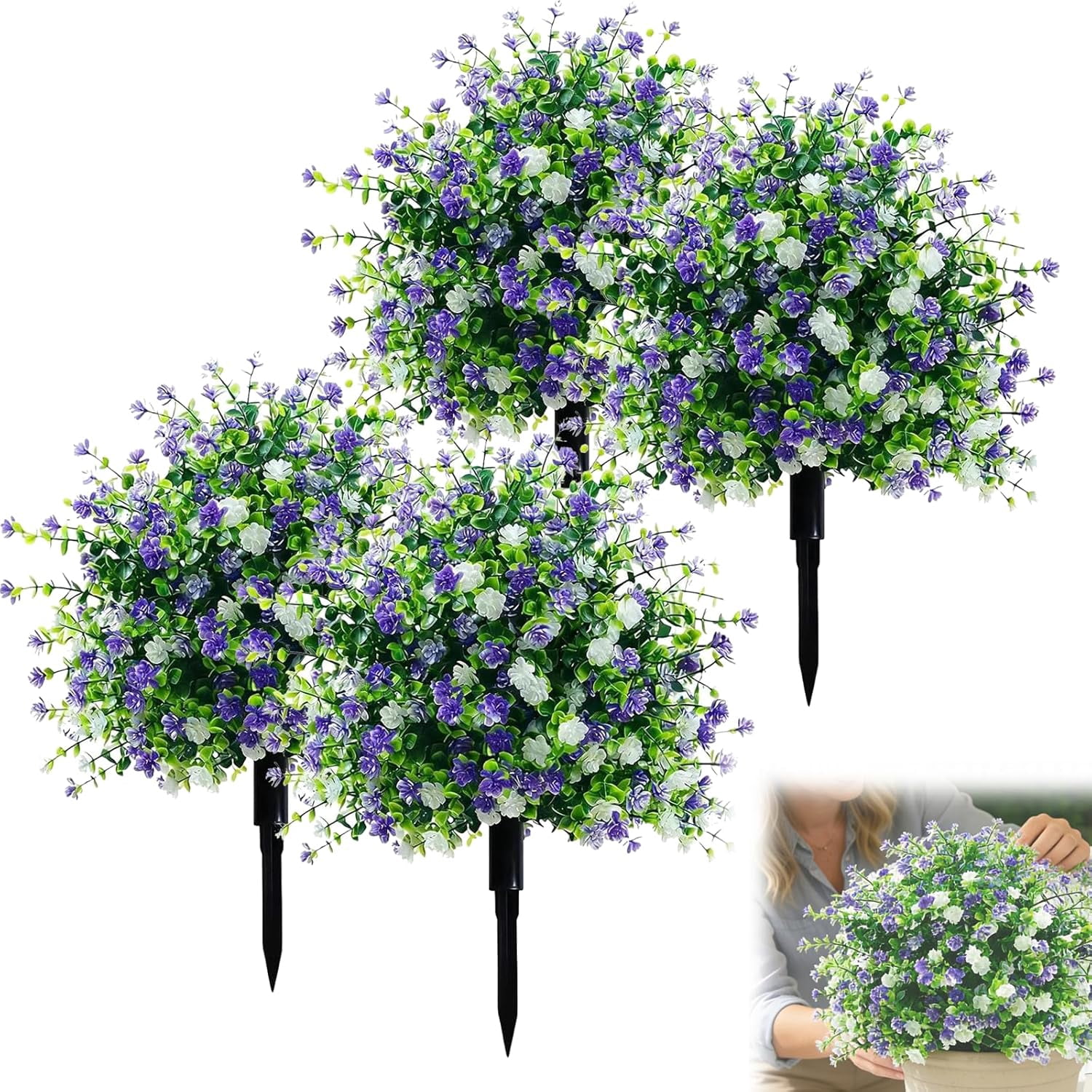 Artificial Potted Trees with Ground Stakes, Camellia Shrubs Faux, Realistic Artificial Flowers for Garden Patio Pathway Yard Lawn (4pcs)