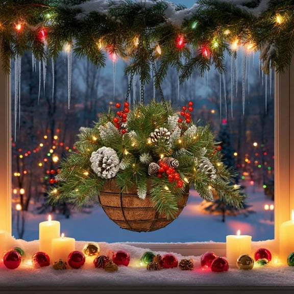 Artificial Pre-Lit Christmas Hanging Basket for Outdoors, Outdoor Christmas Decoration with Pine Berries Pinecones, Porch Christmas Decoration, for Christmas Table Decor, Front Door, Garden S