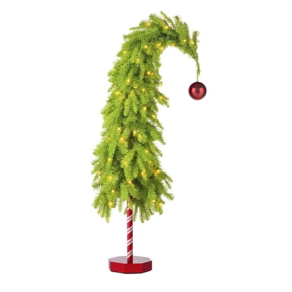 Artificial Pre-Lit Christmas Tree 55 in , Bent Curved Top Green Xmas Tree with Warm LED Lights, Indoor Outdoor Holiday Decoration Xmas Tree Topiary