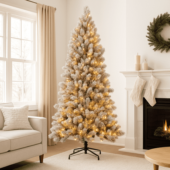 Artificial Pre-Lit Slim Christmas Tree, Green, Kingswood Fir, White Lights, Includes Stand