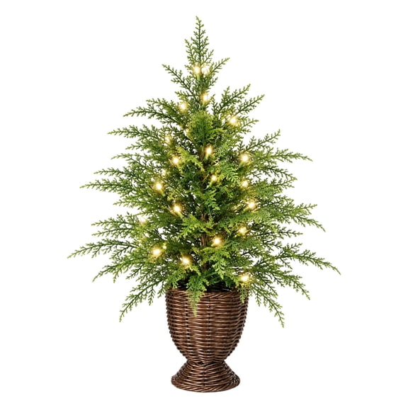 Artificial Pre-lit Christmas Tree, 3 Ft Pre-shaped Small Christmas Tree with Lights & Woven Basket Pot for Indoor Holiday Decor
