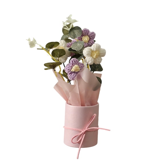 Artificial Puff Flower Bouquet Bucket - Handmade Crochet Yarn Flowers Gift Set for Birthday Wedding Party Decor