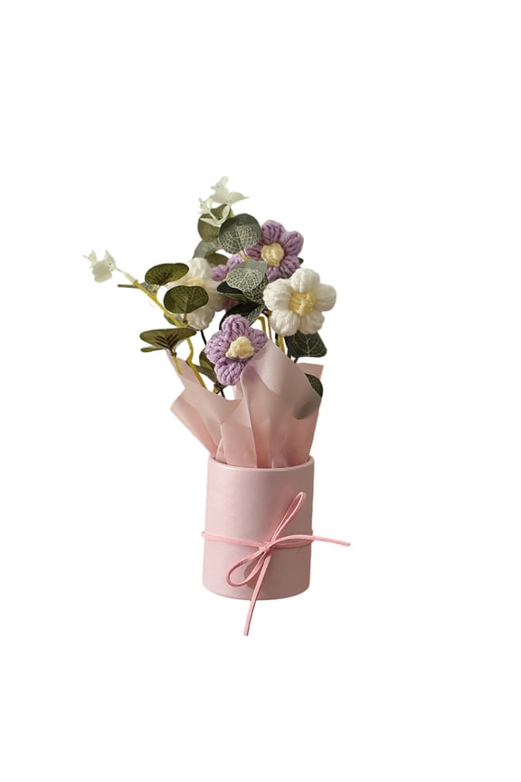 Artificial Puff Flower Bouquet Bucket - Handmade Crochet Yarn Flowers Gift Set for Birthday Wedding Party Decor