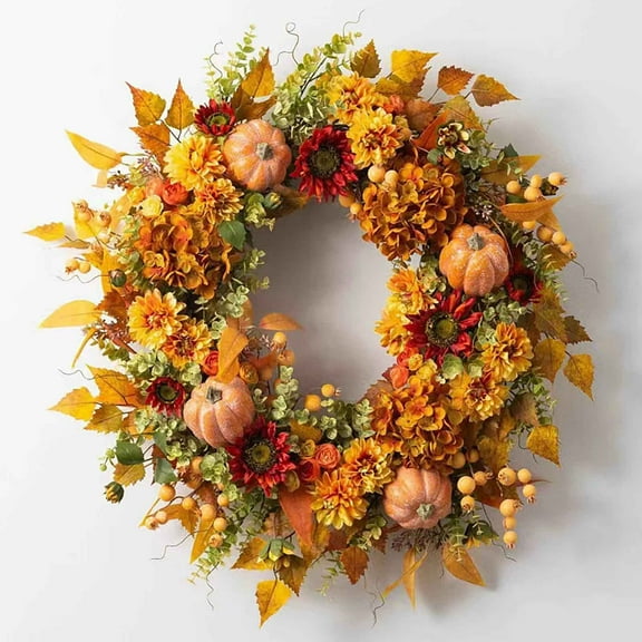 Artificial Pumpkin Berry Hydrangea Wreath | Fall Maple Leaf Door Decoration | Large 17.7 Inch | Plastic Floral Design | Autumn Holiday Entryway Thanksgiving Party Decor