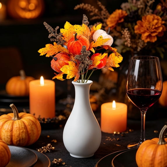 Artificial Pumpkin Bouquet, Fall Harvest Tabletop Arrangement, Pumpkin Centerpieces, Autumn Table Centerpieces with Red Faux Flowers, Maple Leaves, Pumpkin, Thanksgiving & Harvest Home Decoration