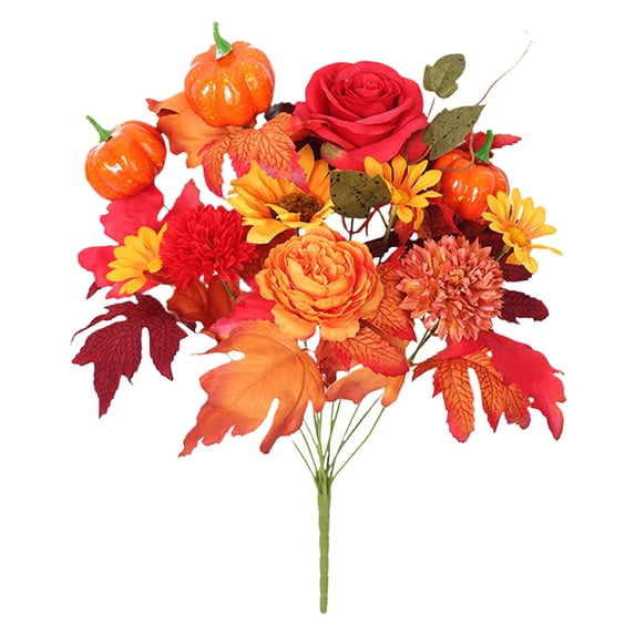 Artificial Pumpkin Bouquet, Fall Harvest Tabletop Arrangement, Pumpkin Centerpieces, Autumn Table Centerpieces with Red Faux Flowers, Maple Leaves, Pumpkin, Thanksgiving & Harvest Home Decoration