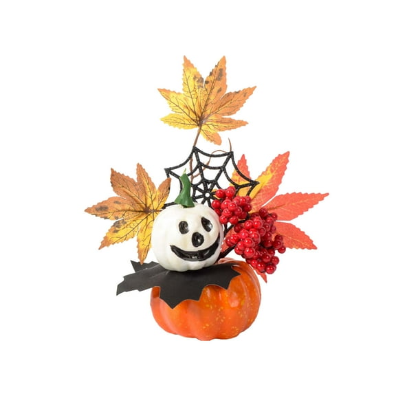 Artificial Pumpkin Decoration Faux Fall Pumpkin With Leaves For Halloween Thanksgiving Table Mantel Red 7.9 Inch