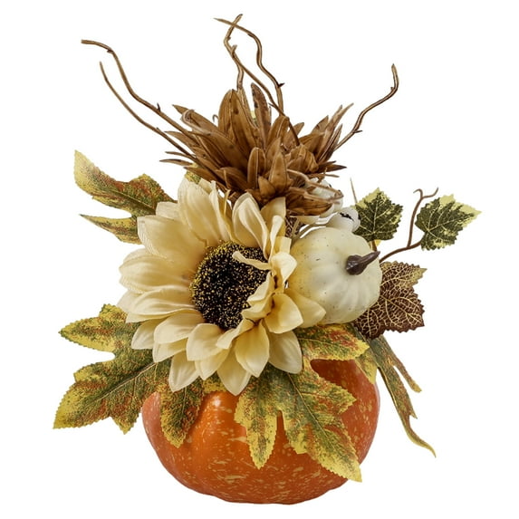 Artificial Pumpkin Fall Centerpieces for Tables Sunflower Berries Maple Leaves Potted Rustic Thanksgiving Floral Arrangements in Pumpkin Pots for Kitchen Home Wedding Mantel Decor