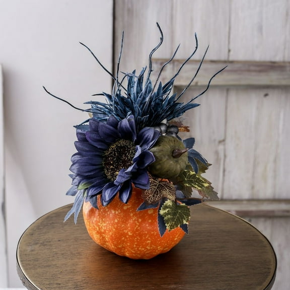 Artificial Pumpkin Fall Centerpieces for Tables Fake Sunflower Berries Maple Leaves Plants Potted Rustic Thanksgiving Floral Arrangements in Pumpkin Pots for Kitchen Home Wedding Mantel Decor