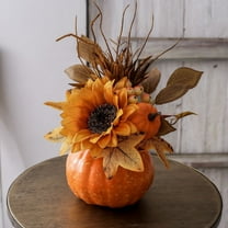 Artificial Pumpkin Fall Centerpieces for Tables Fake Sunflower Berries Maple Leaves Plants Potted Rustic Thanksgiving Floral Arrangements in Pumpkin Pots for Kitchen Home Wedding Mantel Decor